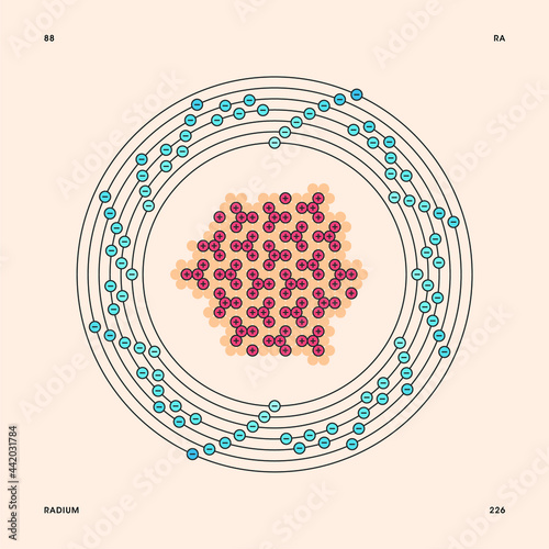 Bohr model representation of the radium atom, number 88 and symbol Ra.
Conceptual vector illustration of radium-226 isotope atom, mass number 226 and electron configuration 2, 8, 18, 32, 18, 8, 2.