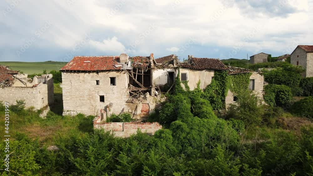 Aerial view of an abandoned and depopulated town in the province of Burgos, Spain. High quality 4k footage