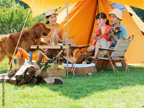 Happy family of three and pet dog playing violin outdoors