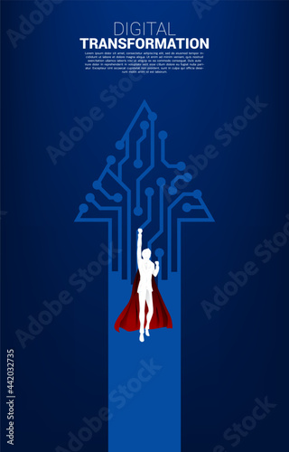 Silhouette of businessman flying to higher with arrow from dot connect line circuit. concept of digital transformation of business.