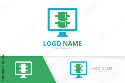 Vector spine and computer logo combination. Vertebral column and monitor logotype design template.