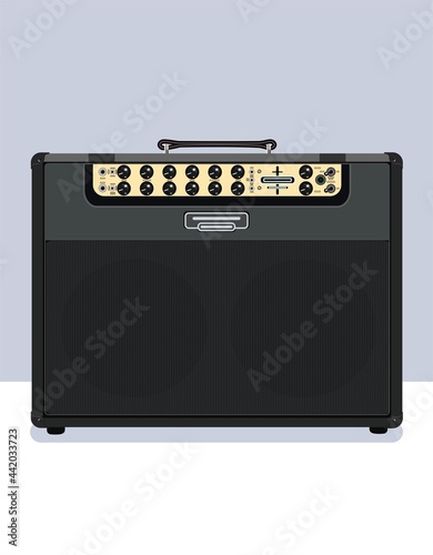 Compact guitar amplifier and speaker in vector. Illustration on the theme of rock jazz blues music. Combo for guitarist and bass player. Active speaker system.