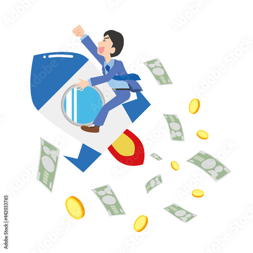 ロケットに乗って飛ぶ男性とお金