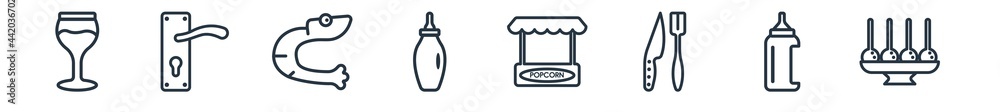 linear set of food outline icons. line vector icons such as stemware, hotel service, sushi prawn, mayonnaise, popcorn shop, dish and toothpick vector illustration. linear set of food outline icons. line vector icons such as stemware, hotel service, sushi prawn, mayonnaise, popcorn shop, dish and toothpick vector illustration.