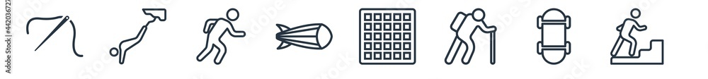 linear set of free time outline icons. line vector icons such as sewing, bungee jumping, running man, airship, chess board, climb vector illustration. linear set of free time outline icons. line vector icons such as sewing, bungee jumping, running man, airship, chess board, climb vector illustration.