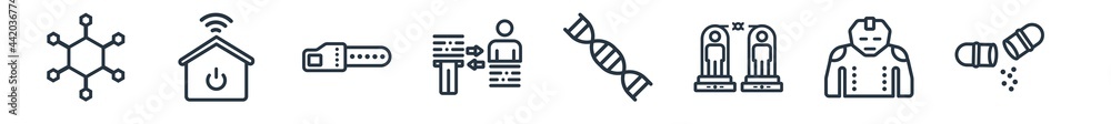 linear set of future technology outline icons. line vector icons such as nanotechnology, smart house, chainsaw, teleportation, dna structure, capsule vector illustration. linear set of future technology outline icons. line vector icons such as nanotechnology, smart house, chainsaw, teleportation, dna structure, capsule vector illustration.