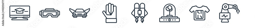 linear set of future technology outline icons. line vector icons such as online learning, vr glasses, flying car, wi gloves, jetpack, surgery vector illustration. - obrazy, fototapety, plakaty 