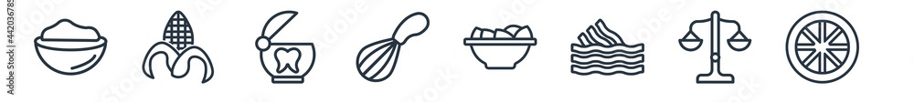 linear set of gastronomy outline icons. line vector icons such as spice, corncob, floss, whisk, nachos, lime vector illustration. linear set of gastronomy outline icons. line vector icons such as spice, corncob, floss, whisk, nachos, lime vector illustration.