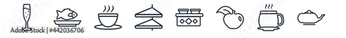 linear set of food outline icons. line vector icons such as glasses of wine, fish food, tea cup of japan, canape, chef cooking on stove, japanese tea pot vector illustration.