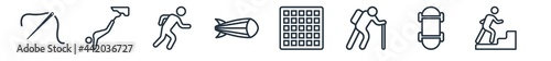 linear set of free time outline icons. line vector icons such as sewing, bungee jumping, running man, airship, chess board, climb vector illustration.