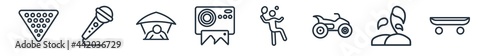 linear set of free time outline icons. line vector icons such as billiard  karaoke  hang glider  instant camera  badminton  skate vector illustration.
