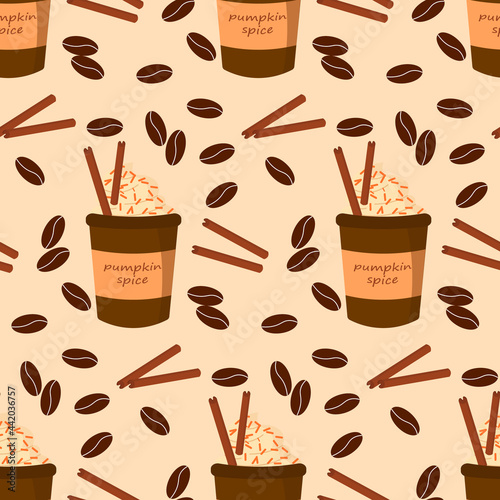 Pumpkin spice coffee pattern. Coffee to go with cinnamon. Vector illustration. For the design of greetings, invitations, flyers, promotions, advertisements and other designs.