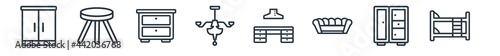 linear set of furniture outline icons. line vector icons such as wardrobe, stool, bedside table, chandelier, kitchen furniture, bunk bed vector illustration.