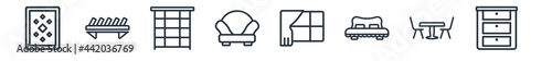linear set of furniture outline icons. line vector icons such as carpet, bookshelve, bookcase, armchair, frame, dresser vector illustration.