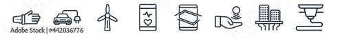 linear set of future technology outline icons. line vector icons such as robot arm, electric car, eolic energy, stethoscope, augmented reality, 3d printer vector illustration.