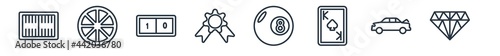 linear set of gaming outline icons. line vector icons such as backgammon, trivial, scores, recognition badge, billiard ball, diamonf vector illustration.