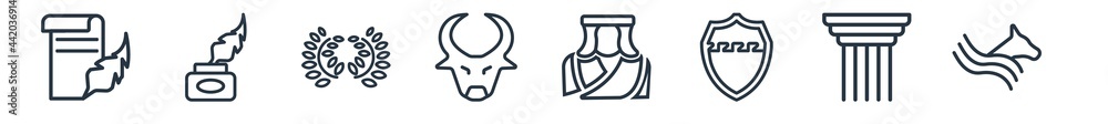 linear set of greece outline icons. line vector icons such as letter quill, ink and quill, laurel, minotaur, muse, pegasus vector illustration. linear set of greece outline icons. line vector icons such as letter quill, ink and quill, laurel, minotaur, muse, pegasus vector illustration.