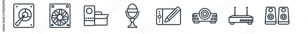 linear set of hardware outline icons. line vector icons such as harddrive, computer fan, device manager, radio mic, wacom, two stereo speakers vector illustration.