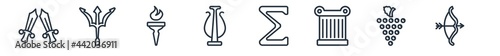 linear set of greece outline icons. line vector icons such as xifos, poseidon, sports torch, psi, sigma, artemis vector illustration.