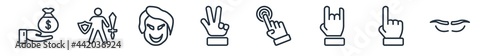 linear set of gestures outline icons. line vector icons such as money bag of dollars, warrior with sword and shield, joker face, hand gesture, pressing, brow vector illustration.