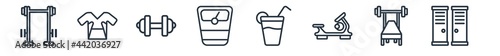 linear set of gym and fitness outline icons. line vector icons such as lifting dumbbells, sport wear, little dumbbell, weighing scale, vegetables juice, locker vector illustration.