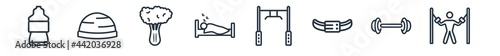 linear set of gym and fitness outline icons. line vector icons such as isotonic, bosu ball, broccoli porcion, sleep, training apparatus, chest and legs exercises vector illustration.