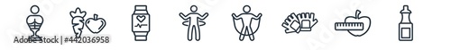 linear set of gym and fitness outline icons. line vector icons such as boxing mannequin, carrot and apple, fitness watch, stick man hoop, skip rope, hydratation vector illustration.