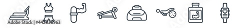 linear set of gym and fitness outline icons. line vector icons such as running machine, female sportwear, steroids, simulator for press, gym bag, fitness bracelet vector illustration.