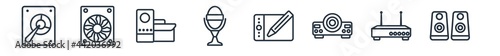 linear set of hardware outline icons. line vector icons such as harddrive, computer fan, device manager, radio mic, wacom, two stereo speakers vector illustration.