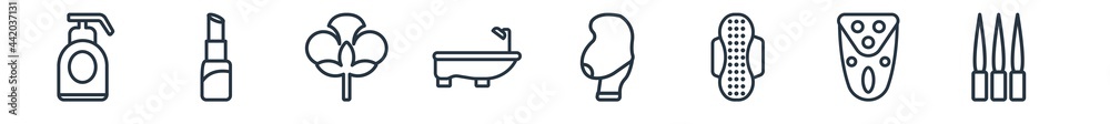 linear set of hygiene outline icons. line vector icons such as pump ...