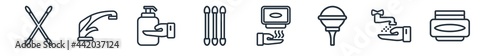 linear set of hygiene outline icons. line vector icons such as cotton swab, scrub up, epliator, cotton swabs, drying hands, hair tonic vector illustration.