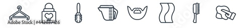 linear set of hygiene outline icons. line vector icons such as clothes hanger, flossing, toilet brush, detergent dose?, beardy, dust cleaning vector illustration.