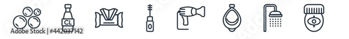 linear set of hygiene outline icons. line vector icons such as bubbles, chlorine, baby wipe, dolled up, dryer, epilator vector illustration.
