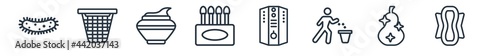 linear set of hygiene outline icons. line vector icons such as microbes, laundry basket, face cream, ear buds, water heater, hygienic pad vector illustration.