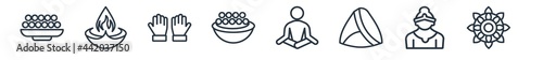 linear set of india and holi outline icons. line vector icons such as indian sweets, diwali lamp, pray, kanji vadas, lakshmi, rangoli vector illustration.
