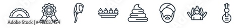 linear set of india and holi outline icons. line vector icons such as gujjia, india badge, indian elephant, sandesh, dung, veena vector illustration.