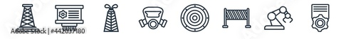 linear set of industry outline icons. line vector icons such as oil rig, planing, oil platform, safety mask, industrial tread, task vector illustration.