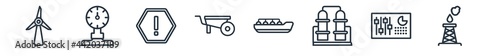 linear set of industry outline icons. line vector icons such as windmill, temperature, danger, pushcart, oil tanker, fossil fuels vector illustration.