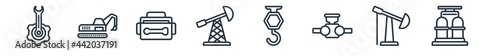 linear set of industry outline icons. line vector icons such as mechanism, excavator, tool box, pumpjack, hook crane, extraction vector illustration.