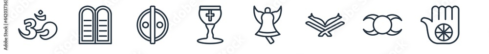 linear set of religion outline icons. line vector icons such as om, halakha, animism, communion, standing bell, karma vector illustration. linear set of religion outline icons. line vector icons such as om, halakha, animism, communion, standing bell, karma vector illustration.