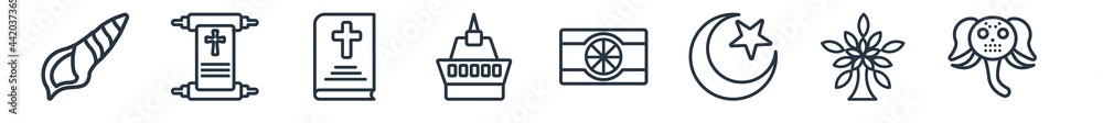 linear set of religion outline icons. line vector icons such as conch shell, holy scriptures, bible, wat saket, india, ganesha vector illustration.