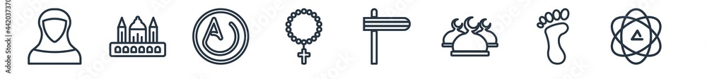 linear set of religion outline icons. line vector icons such as muslim, vatican, asceticism, rosary, gragger, agnosticism vector illustration.