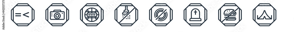 linear set of signs outline icons. line vector icons such as is less than or equal to, camera, internet, no shower, empty set, tent vector illustration. linear set of signs outline icons. line vector icons such as is less than or equal to, camera, internet, no shower, empty set, tent vector illustration.