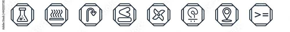 linear set of signs outline icons. line vector icons such as chemical products, heat, bridge, is less than, gross dark cross, is greater than or equal to vector illustration.