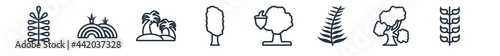 linear set of nature outline icons. line vector icons such as pecan leaf, prairie, palm islands, american larch tree, northern oak tree, bilberry leaf vector illustration.