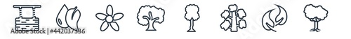 linear set of nature outline icons. line vector icons such as wood board, leaf and drop, jonquil, sycamore tree, honey-locust tree, black locust tree vector illustration.