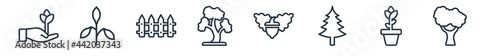 linear set of nature outline icons. line vector icons such as cultivation, cherry leaf, fences, pine tree, nut leaf, paper birch tree vector illustration.