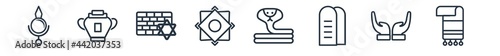 linear set of religion outline icons. line vector icons such as bindi, manna jar, kotel, rub el hizb, cobra, tallit vector illustration.