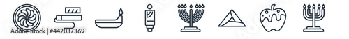 linear set of religion outline icons. line vector icons such as apple cake, tefilin, dipa, mezuzah, menorah, jewish candles vector illustration.