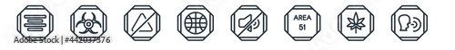 linear set of signs outline icons. line vector icons such as align center, biohazard, no bleaching, world grid, no shouting, shout vector illustration.
